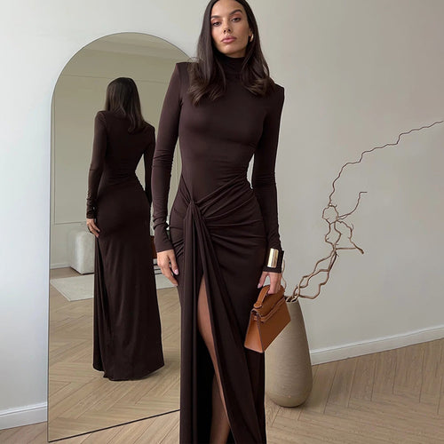 Maxi dress for women with textured draped design and high slit Lune London
