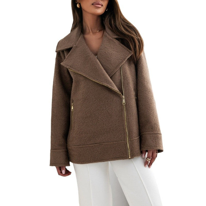 Elegant and fluffy biker jacket for ladies with gold zipper details Lune London