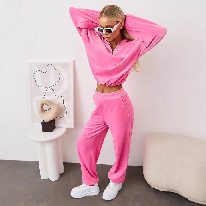 Ladies Velour Tracksuit with High Collar and Elastic Cuffs Chic & Stil