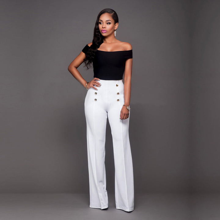 Women High-Waisted Palazzo Pants with Decorative Button Details Lune London