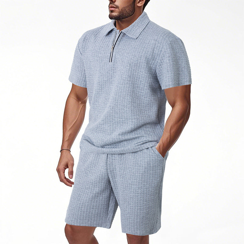 Men's modern short sleeve polo with contemporary design and chic elastic shorts