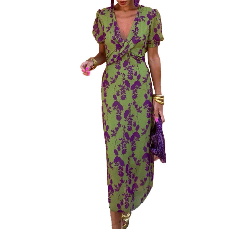 Robe maxi pour femmes avec décolleté en V profond et motif diamant artistique Chic & Stil