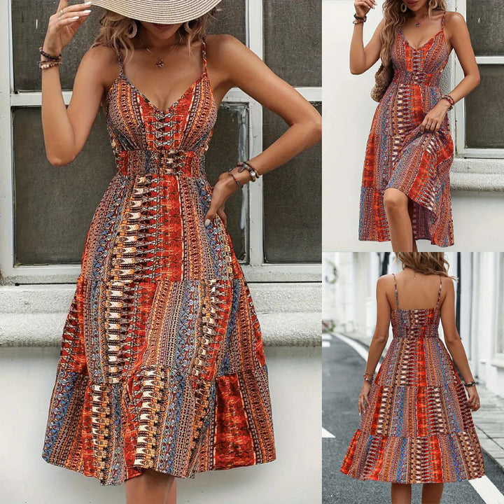 Maxi dress for women with an elegant patchwork pattern and a high slit Lune London