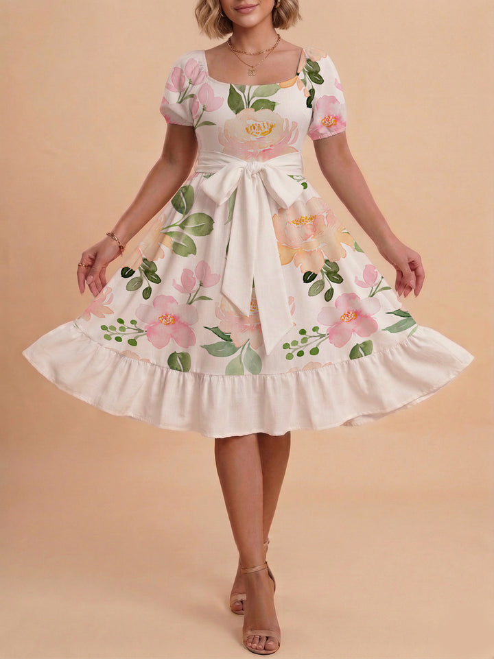 Women A-line dress with floral motifs and adjustable belt Lune London