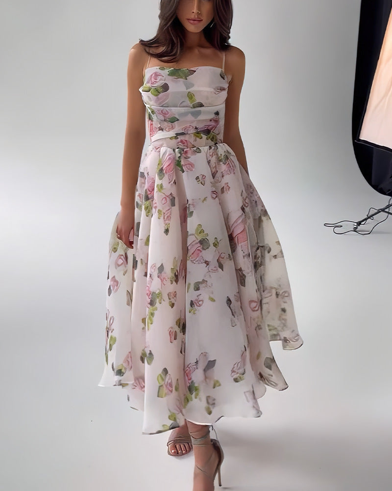 Women's Semi-transparent Evening Dress with Floral Pattern and Straps Lune London