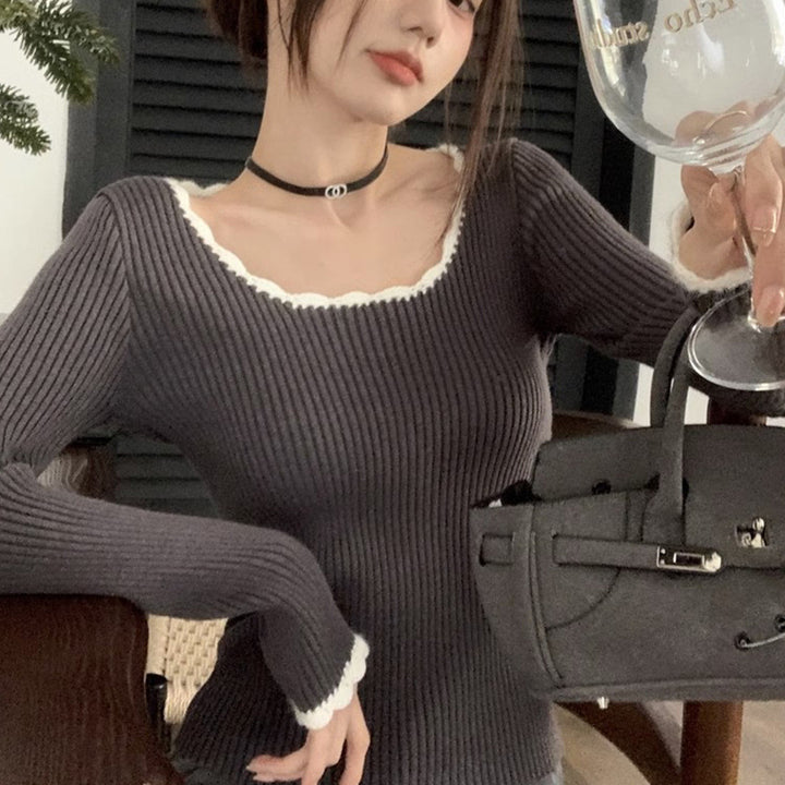 Women's Form-Fitting Knit Top with Creative Neckline
