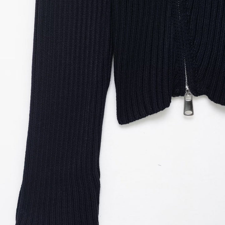 Ladies stylish knit sweater with asymmetrical collar and zipper Lune London