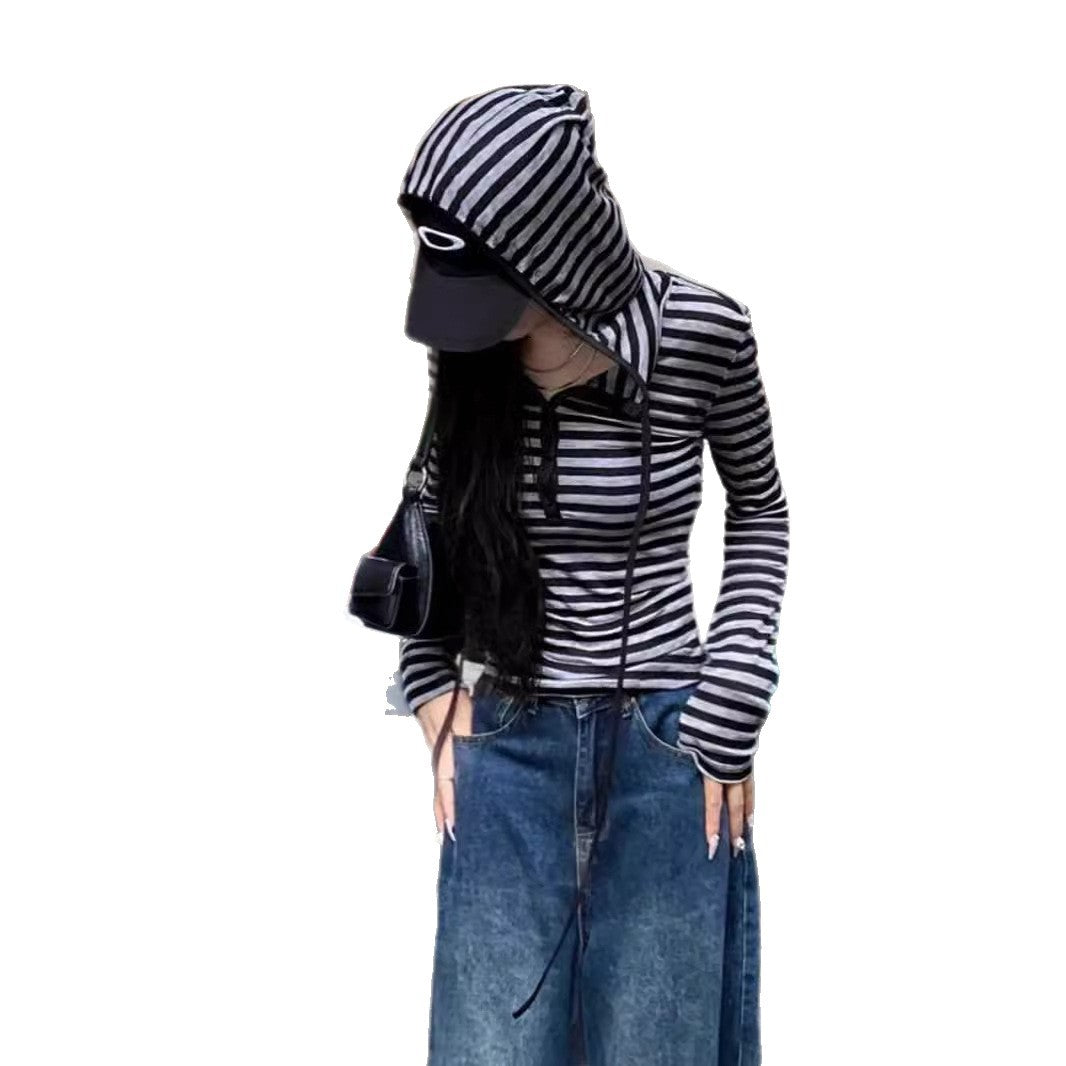 Women's Long Sleeve Shirt with Hood and Stripes Chic & Stil