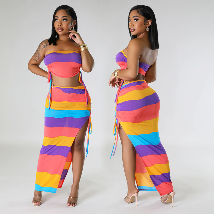 Women Colorful Chic Two-Piece Maxi Dress Set