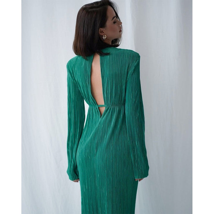Women Elegant Maxi Dress with Structured Pleats and Long Sleeves Lune London