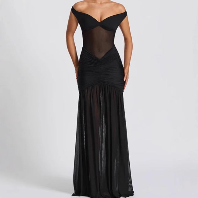 Ladies Elegant Off-Shoulder Maxi Dress with Ruffle Details and High Slit Lune London