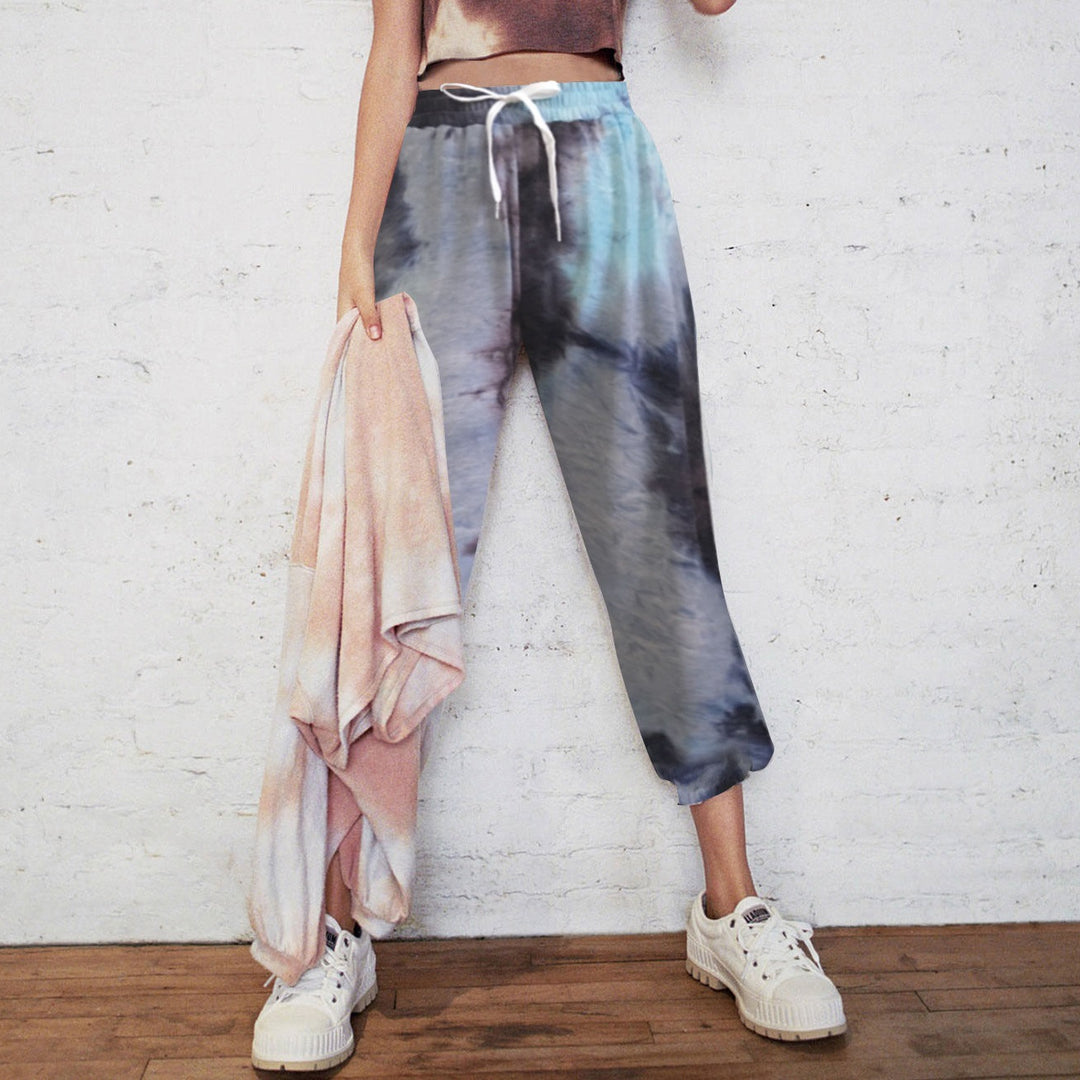 Casual pants for women with a colorful tie-dye design and an elastic waist Lune London