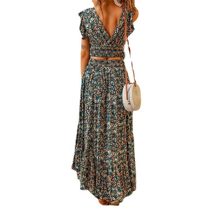 Maxi dress with floral pattern for women with voluminous skirt and narrow belt Lune London