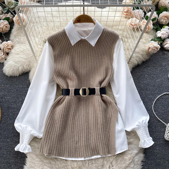 Fashion knitted cardigan for women with an elegant shirt underneath Lune London