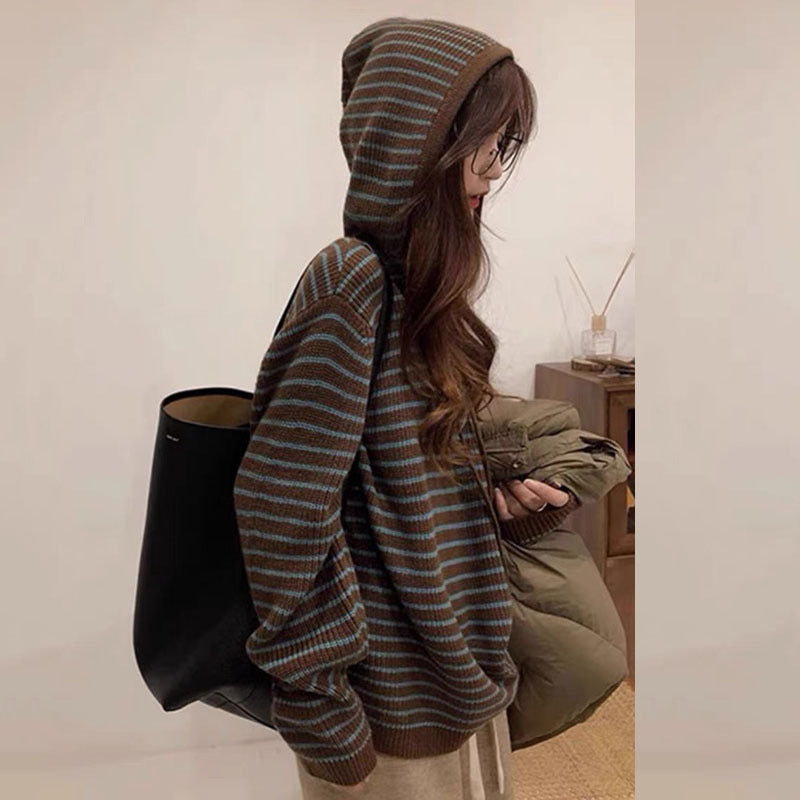 Ladies Comfortable Hooded Sweater with Chic and Stylish Striped Pattern