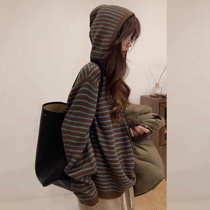 Ladies Comfortable Hooded Sweater with Chic and Stylish Striped Pattern