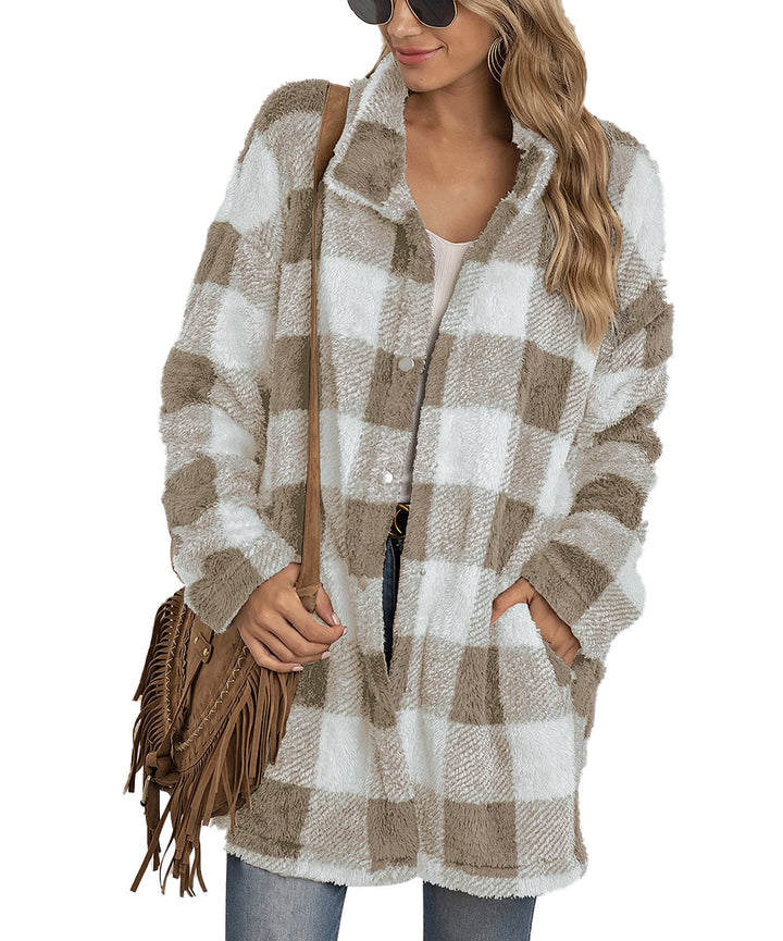 Women’s fleece jacket with checked pattern and practical pockets Lune London
