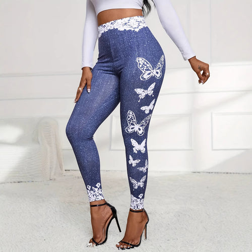 Leggings for women with floral lace trim and colorful butterfly print Lune London