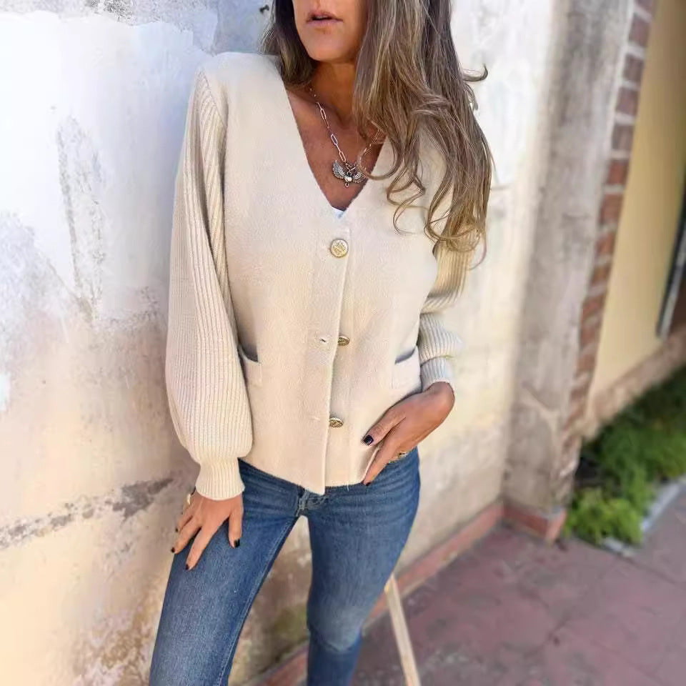 Ladies trendy knitted jacket with button details and pockets Lune London