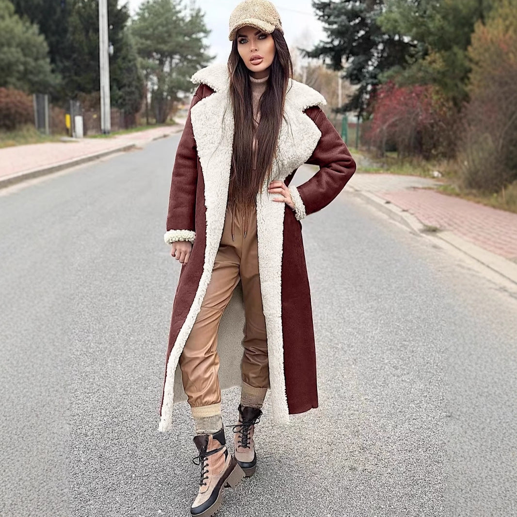 Ladies Long Fleece Coat with Turn-Down Collar Lune London