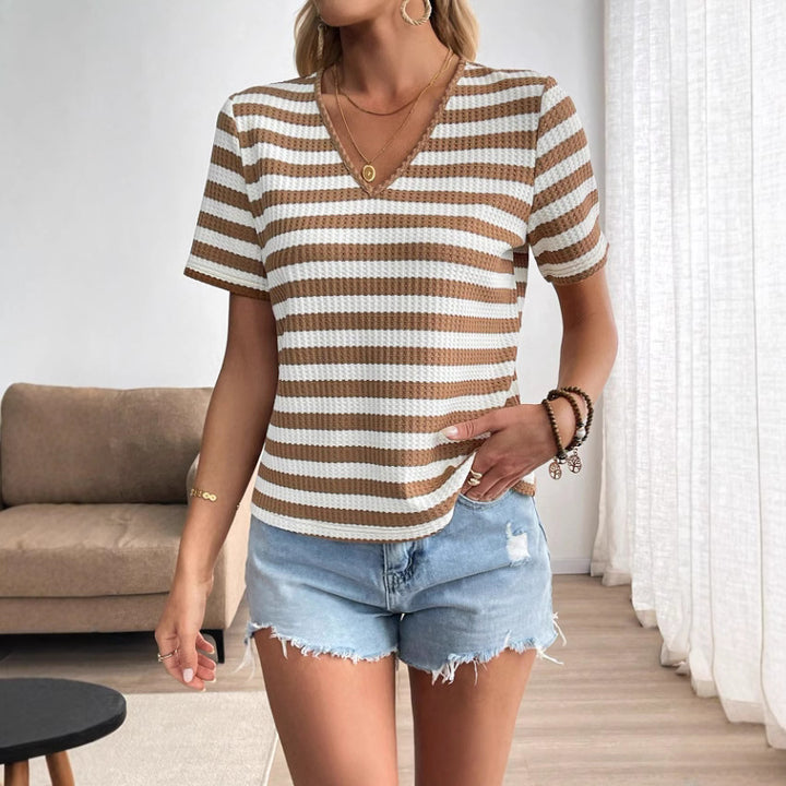 Casual V-neck T-shirt for women with striped pattern Lune London