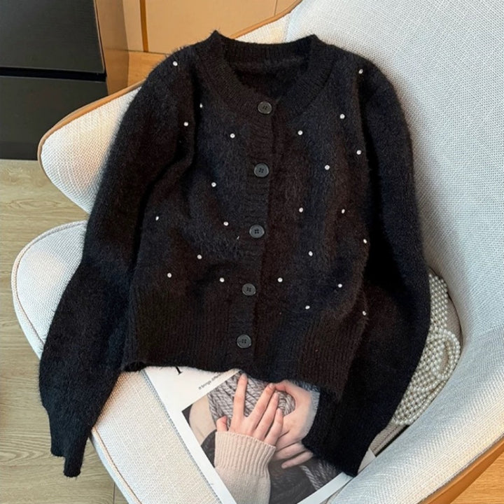 Elegant ladies knit cardigan with trendy pearl accents Lune London