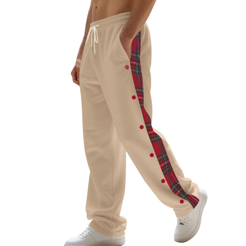 Sporty jogger pants for men with side snap buttons and chic plaid design
