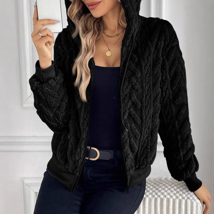 Trendy plush jacket for women with hood and ribbed edges Lune London
