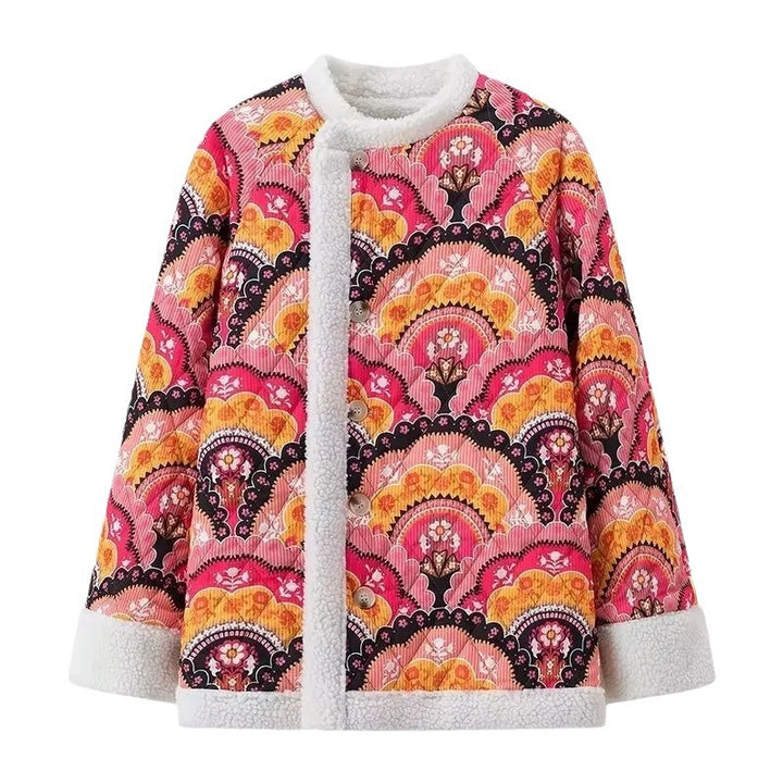 Ladies fashionable quilted jacket with a colorful pattern and soft fleece lining Lune London