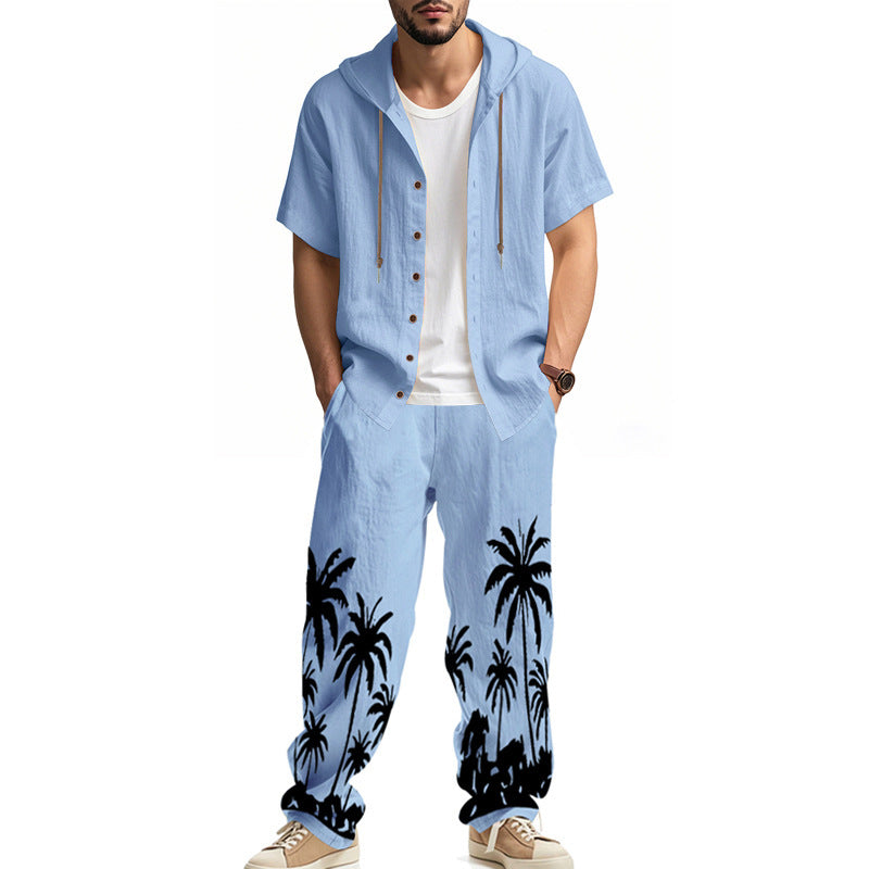 Casual outfit for men with t-shirt and hoodie pants with a trendy palm print Lune London