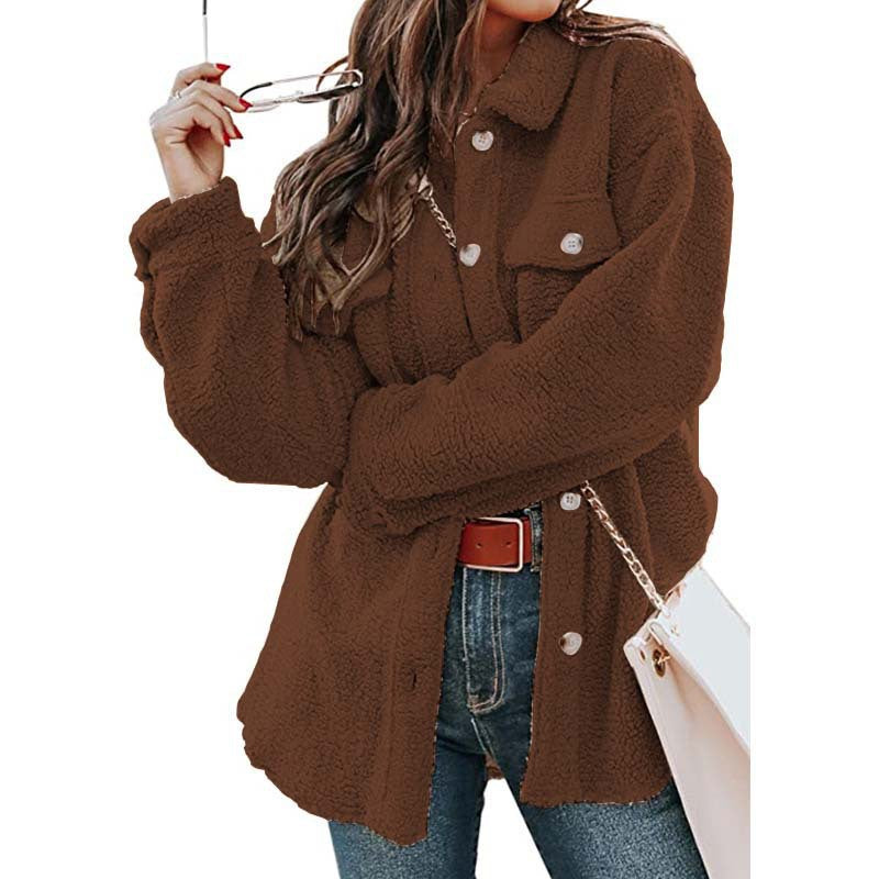 Ladies Comfortable Fleece Jacket with Practical Pockets and Chic Button Placket Style