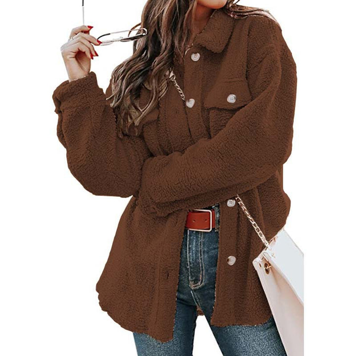 Ladies Comfortable Fleece Jacket with Practical Pockets and Chic Button Placket Style