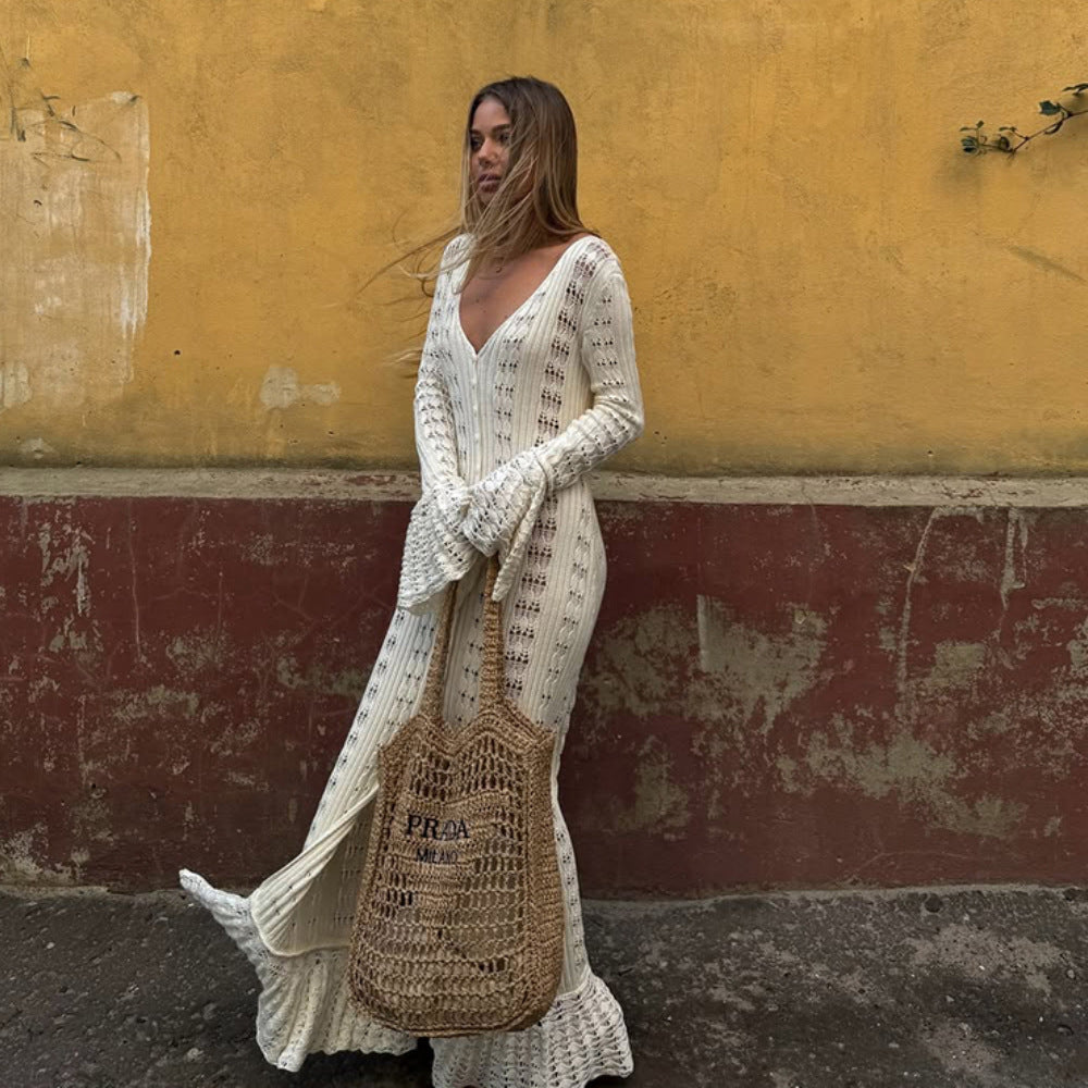 Knit dress for women with voluminous sleeves and a refined crochet pattern Lune London