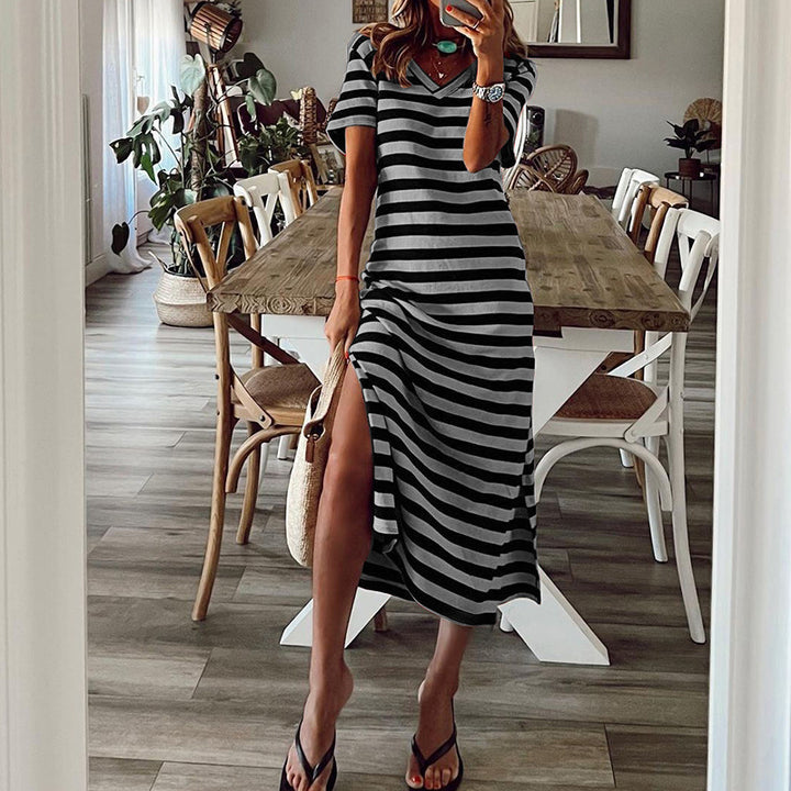 Maxi dress for women with a deep side slit and a trendy striped pattern Lune London
