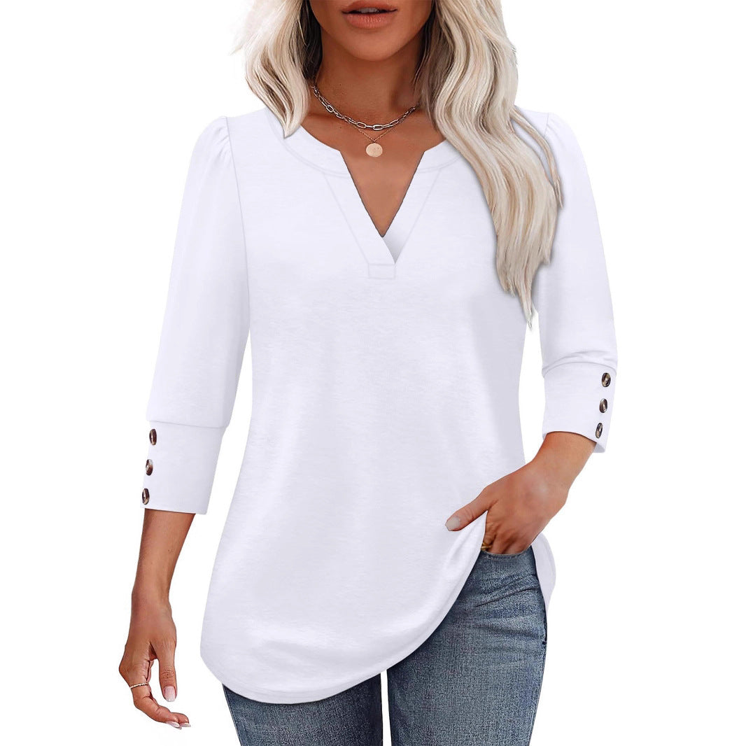 V-neck blouse for women with decorative button details Lune London