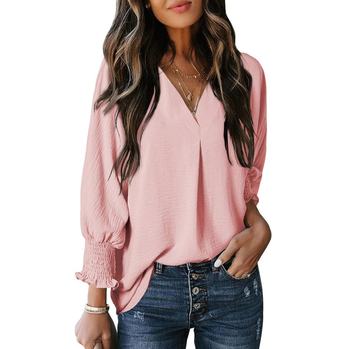 Women's V-Neck Blouse with Casual Balloon Sleeves and Ruffle Details Chic und Stil