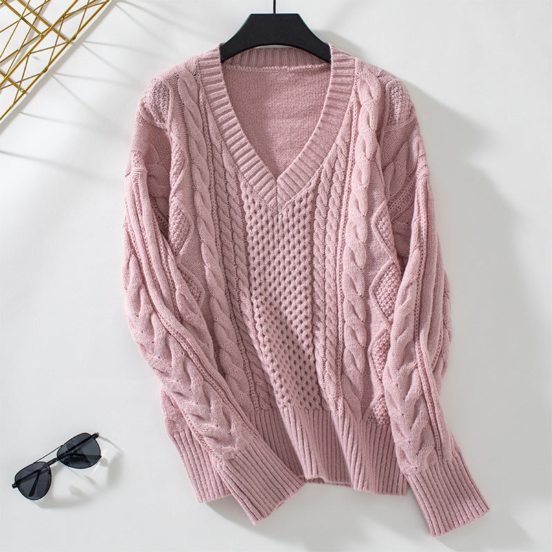 Women's knit sweater with deep V-neck and cable knit pattern Lune London
