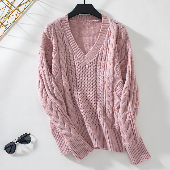 Women's knit sweater with deep V-neck and cable knit pattern Lune London