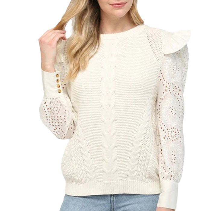 Elegant knitted sweater for women with ruffle details and lace pattern Lune London