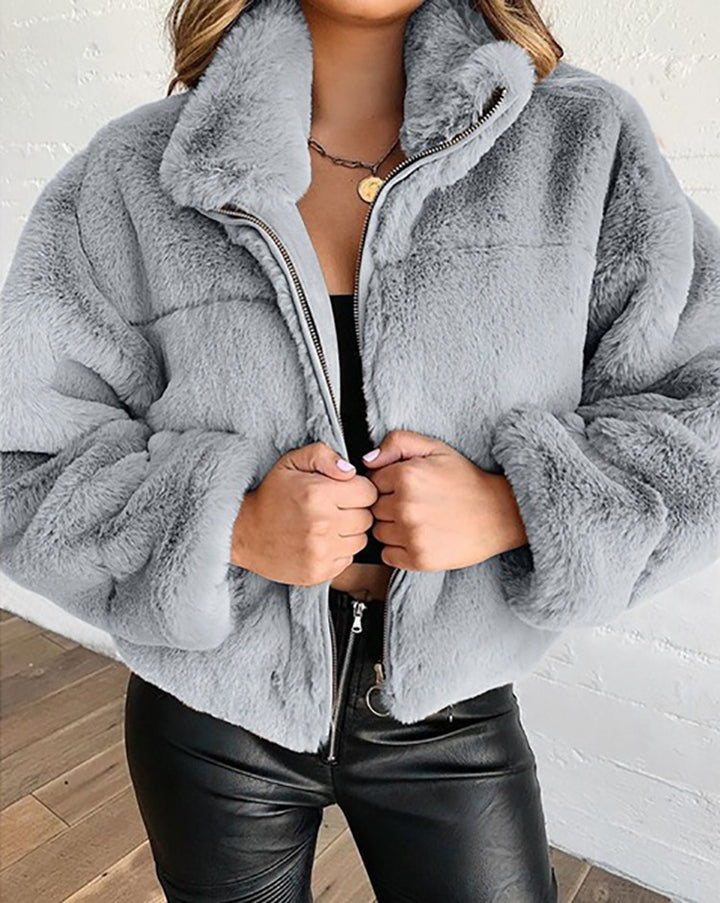Ladies Trendy Plush Coat with High Collar Lune London