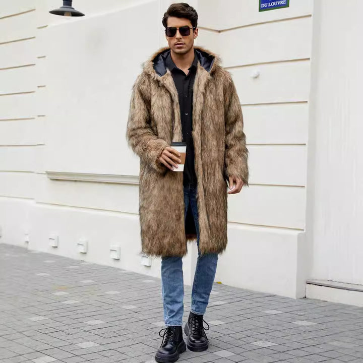 Long coat for men with hood in soft faux fur Lune London