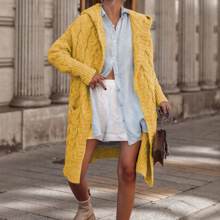 Knit coat for women with knitted plastic pattern and deep V-neck Lune London