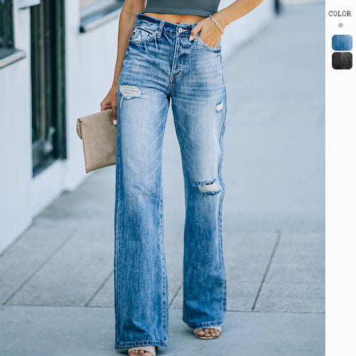 Women's wide-cut jeans with distressed effects and high waist
