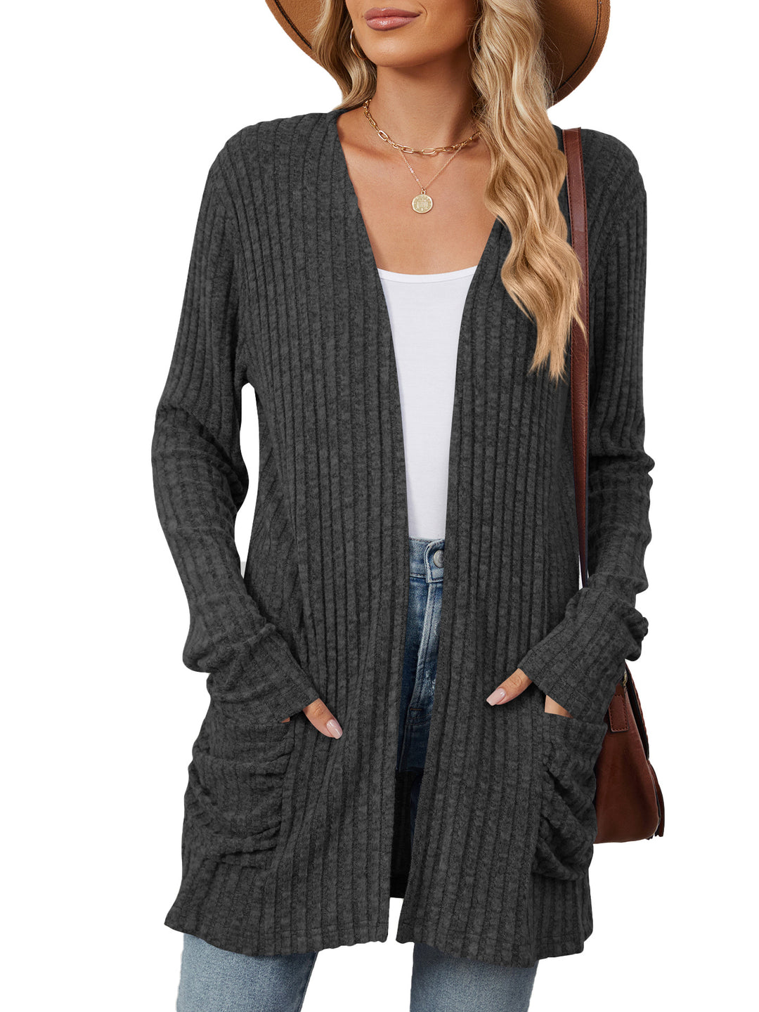 Ladies casual knit jacket with ribbed texture and practical pockets Lune London