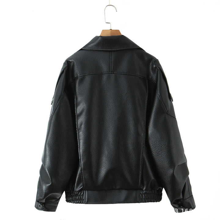 Fashionable women’s synthetic leather jacket with erotic lapels and elastic hem Lune London
