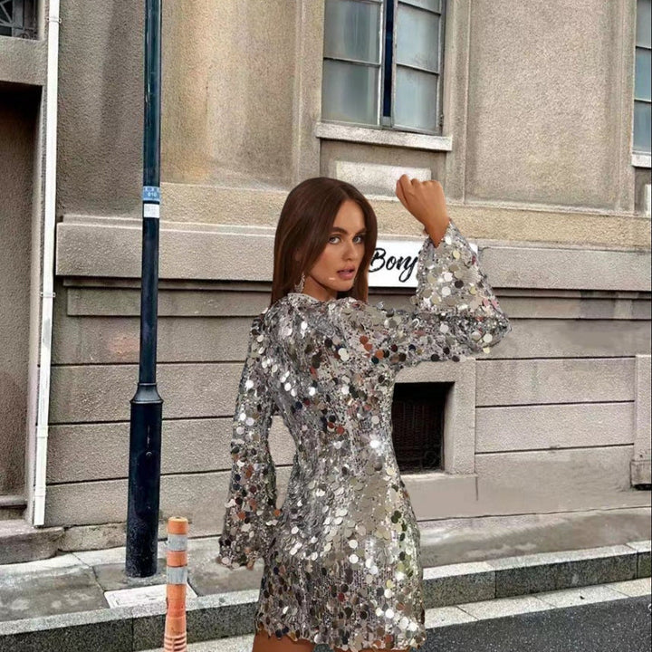 Women's Sparkling Sequin Cocktail Dress with Flared Sleeves Lune London