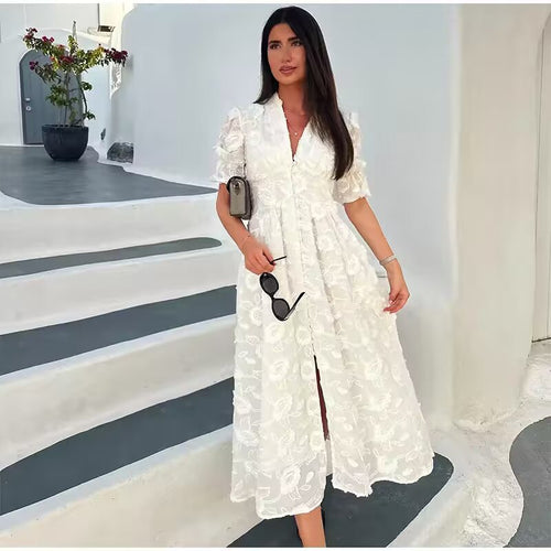Maxi dress for women with floral embroidery design and elegant puff sleeves Lune London