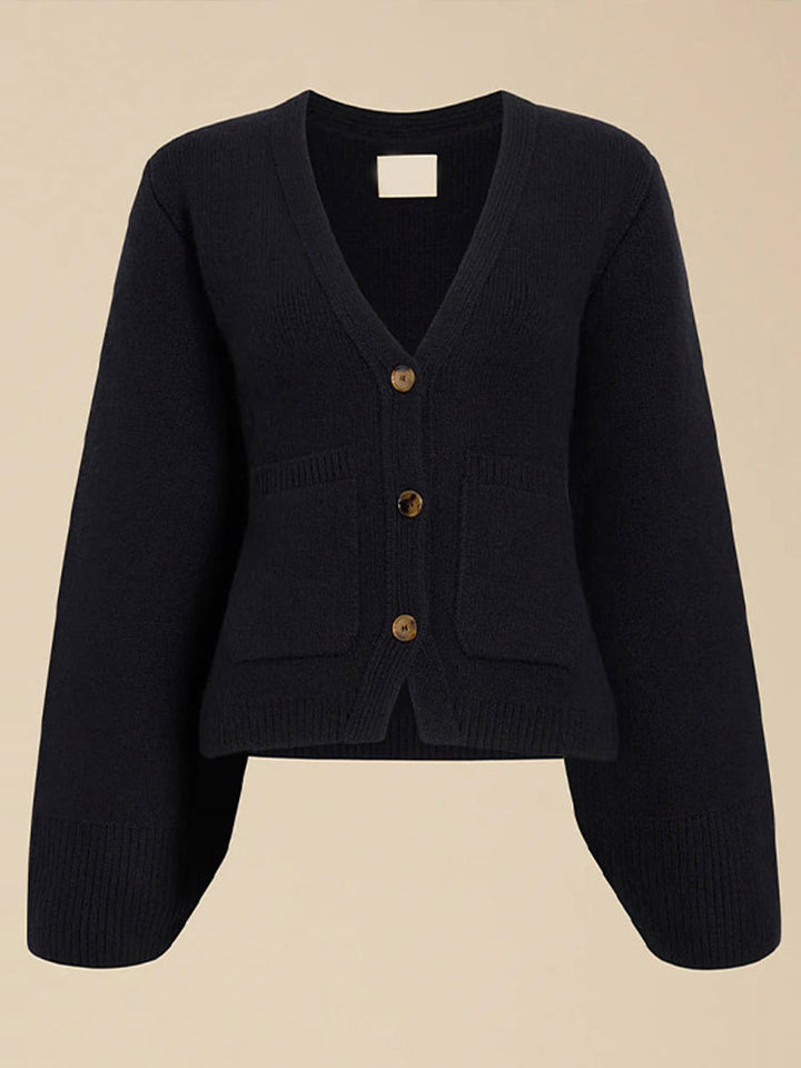 Knit jacket for women with deep V-neck and practical pockets Lune London