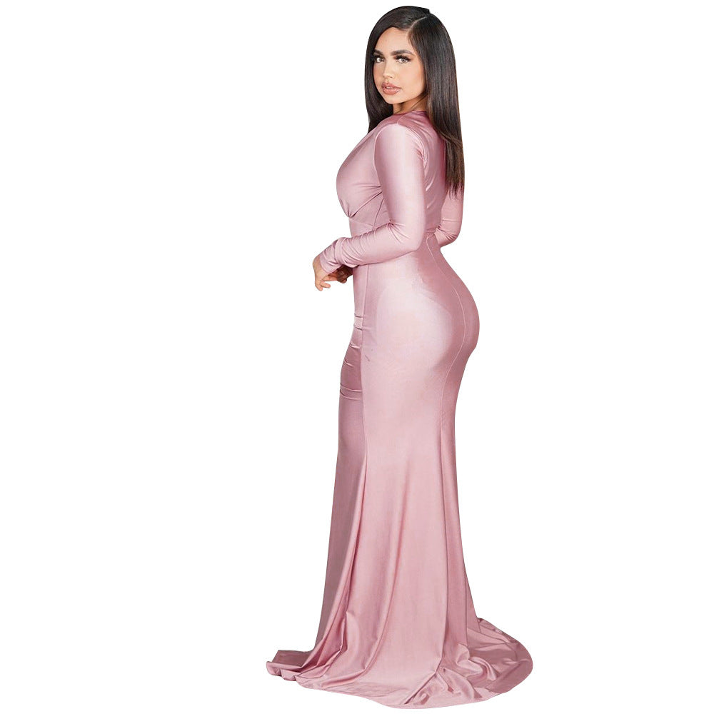 Chic and stylish evening dress for ladies with high slit and ruffles