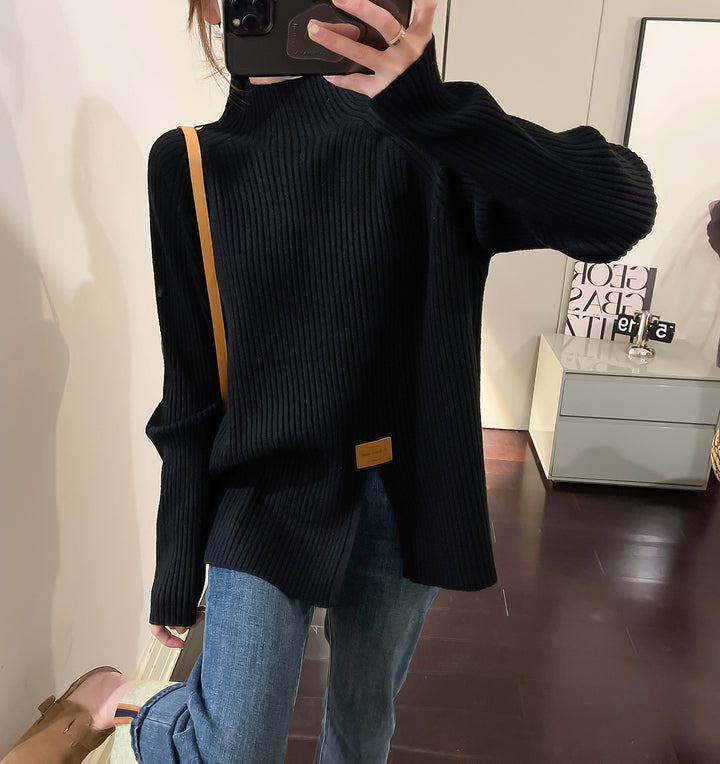 Ladies Modern Knit Sweater with High Collar and Chic Asymmetrical Cut